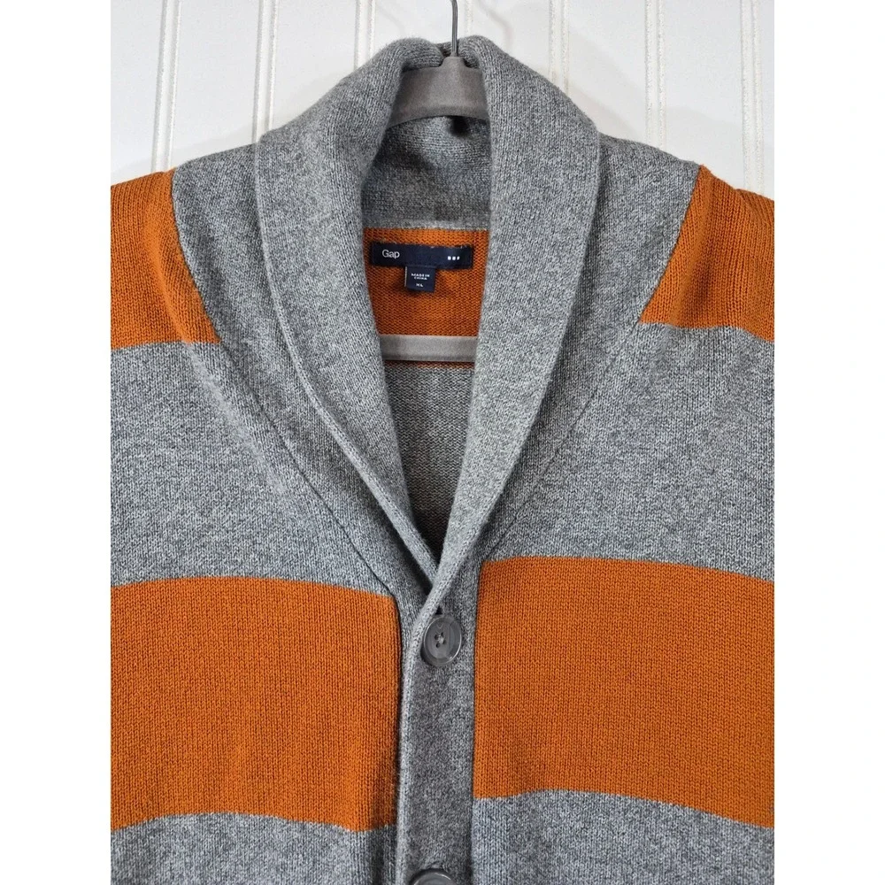 Gap Mens Shawl Collar Rugby Stripe Cardigan Sweater Orange Grey XL Preppy Cozy